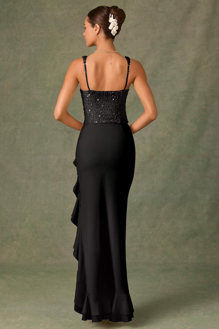 BELLA | VESTIDO CORSET DE SATÉN CON VOLANTES